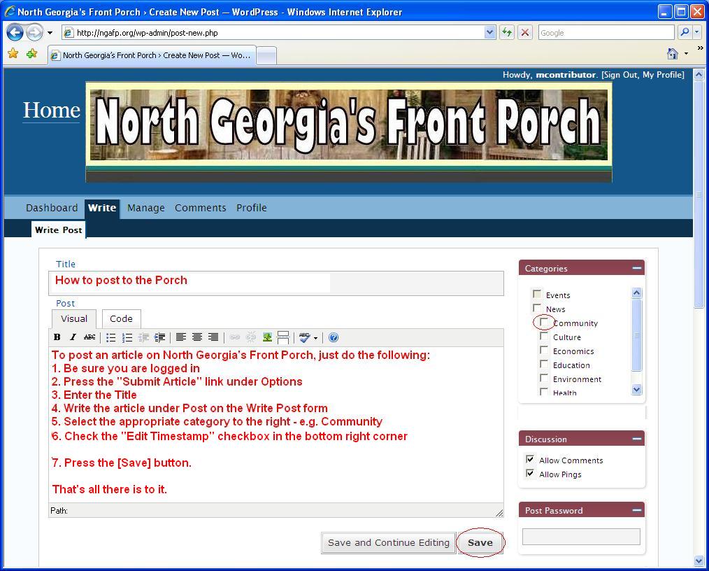Write an Article Screen showing areas to fill out